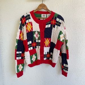 Vintage Cotton Hand Knit Plaid Cardigan Sweater by Marsh Landing